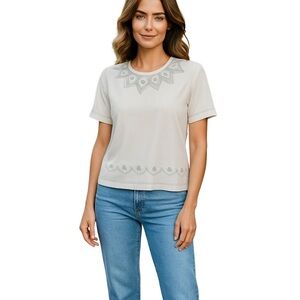 Moffi INTERNATIONAL Grey Round Neck Beaded Boxy Cut Blouse Size XL